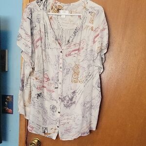 CJ Banks Script Print Button-Up Blouse - Cream and Multicolor